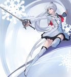  blue_eyes boots character_name cropped_jacket dress earrings english high_heel_boots high_heels jewelry long_hair long_sleeves looking_away mossi myrtenaster open_mouth ponytail rapier ribbon rwby scar scar_across_eye snowflakes solo sword thigh_boots thighhighs tiara weapon weiss_schnee white_dress white_footwear white_hair white_legwear 