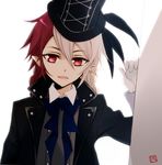  bow bowtie braid fangs feathers gloves hat lest_karr long_hair male_focus multicolored_hair open_mouth owari_no_seraph pointy_ears red_eyes red_hair solo tsukimori_usako twin_braids two-tone_hair upper_body white_background white_hair 