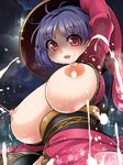  bowl bowl_hat breasts breasts_outside hat highres huge_breasts japanese_clothes kimono lactation nipples purple_hair rain red_eyes solo sukuna_shinmyoumaru touhou umigarasu_(kitsune1963) water_drop 