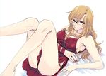  armpits bare_legs bare_shoulders barefoot bed_sheet black_panties blonde_hair breasts cleavage glasses kiryuu_moeka large_breasts lingerie long_hair looking_at_viewer lying on_back panties pantyshot pantyshot_(lying) red_eyes simple_background sketch solo steins;gate tokiji underwear white_background 