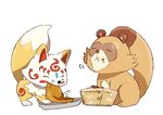  bad_id bad_pixiv_id crossover eating food food_on_face fox houhou_(black_lack) konnosuke no_humans shimogamo_yasaburou tanuki touken_ranbu uchouten_kazoku 