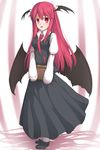  :d bat_wings blush book breasts commentary_request eyebrows_visible_through_hair full_body head_wings highres holding holding_book koakuma long_hair looking_at_viewer low_wings necktie open_mouth red_eyes red_hair red_neckwear shoes simple_background smile solo touhou uumaru very_long_hair white_background wings 