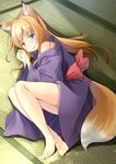  animal_ears bangs bare_legs barefoot blonde_hair blue_eyes blush commentary_request day eyebrows_visible_through_hair fox_ears fox_tail from_above full_body hands_together highres indoors japanese_clothes kimono long_hair long_sleeves looking_at_viewer lying naughty_face obi off_shoulder on_side open_mouth original parted_bangs purple_kimono sash shibacha sidelocks smile solo tail tatami toes wide_sleeves yukata 