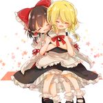  ^_^ apron blonde_hair blush bobby_socks bow braid brown_hair closed_eyes cuddling d: detached_sleeves fang frilled_shirt_collar frills hair_bow hair_ribbon hair_tubes hakurei_reimu hug hug_from_behind kirisame_marisa kosencha large_bow mary_janes multiple_girls no_hat no_headwear open_mouth ribbon shoes short_hair_with_long_locks short_sleeves single_braid sitting sitting_on_lap sitting_on_person skirt skirt_set socks star touhou v-shaped_eyebrows vest waist_apron wide_sleeves yuri 