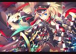  animal_ears blonde_hair blue_eyes fingerless_gloves gloves gradient_hair hat ichiyan long_hair looking_at_viewer multicolored_hair original shoulder_cutout solo weapon 