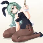  :&gt; animal_ears bare_shoulders bow bowtie breasts brown_legwear bunny_ears bunnysuit cleavage closed_mouth dd_(ijigendd) detached_collar eyebrows_visible_through_hair fake_animal_ears full_body green_eyes green_hair hair_ornament hairband hairclip head_tilt high_heels highres kantai_collection large_breasts leotard long_hair looking_at_viewer pantyhose pantyhose_pull simple_background sitting smile solo strapless strapless_leotard suzuya_(kantai_collection) wariza wrist_cuffs 