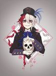  artist_name blood bow bowtie braid fangs feathers gloves grey_background hat highres lest_karr long_hair male_focus melanchi multicolored_hair owari_no_seraph pointy_ears red_eyes red_hair skull solo teeth twin_braids two-tone_hair upper_body very_long_hair white_hair 