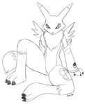  2015 anthro armwear black_sclera bridal_gauntlets claws clothing david_a_cantero digimon dipstick_ears dipstick_tail featureless_crotch female hi_res looking_at_viewer markings monochrome multicolored_tail neck_tuft renamon sitting socks_(marking) solo spread_legs spreading toe_claws tuft 