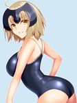  ahoge ass blue_background breasts competition_school_swimsuit contrapposto cowboy_shot eyebrows_visible_through_hair fate/grand_order fate_(series) from_side headpiece highres jeanne_d'arc_(alter)_(fate) jeanne_d'arc_(fate)_(all) large_breasts light_brown_hair one-piece_swimsuit parted_lips school_swimsuit short_hair simple_background skylader solo standing swimsuit yellow_eyes 