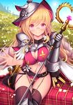  armor bikini_armor black_legwear blonde_hair blush breasts cleavage eyebrows_visible_through_hair glasses holding holding_staff large_breasts looking_at_viewer luminous_mage navel pink_eyes rimless_eyewear shadowverse shingeki_no_bahamut sitting smile solo staff thighhighs yoshiheihe 