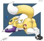  ! 2017 abstract_background armwear ass_up black_sclera blue_eyes breasts butt chest_tuft clothing digimon female jeffthehusky lying markings paws presenting pussy raised_tail renamon surprise tuft 