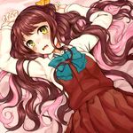  arms_up blue_bow blue_eyes blush bow brown_hair commentary_request fang from_above hair_bow hair_spread_out hatomugi_seika highres kantai_collection long_hair looking_at_viewer lying multicolored_hair naganami_(kantai_collection) on_back on_bed pink_hair skirt solo two-tone_hair very_long_hair vest wavy_hair yellow_bow yellow_eyes 