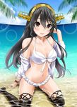  alternate_costume arm_support beach bikini black_hair black_legwear blush breasts brown_hair cleavage clothes_down cloud collarbone commentary_request day front-tie_bikini front-tie_top hair_between_eyes hairband haruna_(kantai_collection) headgear highres kantai_collection large_breasts light_particles long_hair looking_at_viewer navel neko_danshaku ocean outdoors palm_leaf palm_tree parted_lips partially_submerged remodel_(kantai_collection) sand sitting sky solo stomach swimsuit thighhighs thighs tree water white_bikini 