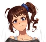  ahoge angry bangs blush brown_hair closed_mouth commentary_request face frown head_tilt idolmaster idolmaster_million_live! long_hair purple_eyes scrunchie side_ponytail snot solo speed_lines takahashi_umori tears yokoyama_nao 