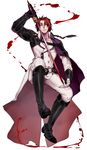  black_hair blood boots braid capelet crowley_eusford full_body gloves highres male_focus multicolored_hair owari_no_seraph pointy_ears red_eyes red_hair simple_background solo sword teeth two-tone_hair uguisu_(ryu) weapon white_background 