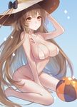  ball beachball bikini breasts brown_hair character_name cleavage girls_frontline hair_between_eyes hat ithaca_m37_(girls_frontline) large_breasts long_hair orange_eyes parted_lips sitting solo sun_hat swimsuit tattoo very_long_hair wariza white_bikini zek_(zecola) 