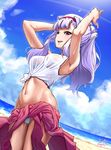  armpits arms_up artist_name bangs beach bikini bikini_bottom breasts cameltoe cloud covered_nipples dated day dutch_angle hairband highres idolmaster idolmaster_(classic) long_hair looking_at_viewer medium_breasts navel no_bra ocean open_mouth outdoors ponytail red_eyes sarong shijou_takane shirt silver_hair sky sleeveless smile solo stomach surps swimsuit tied_shirt wet wet_clothes white_bikini white_shirt 