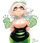  1girl :d absurdres breasts cleavage domino_mask dress earrings gloves hair_ornament hands_on_own_chest highres hotaru_(splatoon) jewelry large_breasts looking_at_viewer mask mole mole_under_eye open_mouth pointy_ears simple_background sleeveless sleeveless_dress smile splatoon_(series) splatoon_1 tentacle_hair uniwooni white_background white_gloves white_hair yellow_eyes 