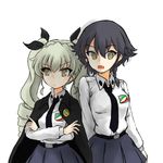  anchovy anzio_(emblem) anzio_school_uniform arm_behind_back bangs belt black_cape black_hair black_neckwear black_ribbon black_skirt braid brown_eyes cape commentary_request crossed_arms dress_shirt drill_hair emblem girls_und_panzer green_hair hair_ribbon highres light_frown long_hair long_sleeves looking_at_viewer miniskirt multiple_girls necktie no_pupils open_mouth pepperoni_(girls_und_panzer) pleated_skirt red_eyes ribbon school_uniform shirt short_hair side_braid simple_background skirt standing twin_drills twintails upper_body wabiushi white_background white_shirt 