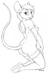  2015 anthro armwear breasts buckteeth butt clothing david_a_cantero elbow_gloves female gloves hi_res inner_ear_fluff kneeling legwear looking_at_viewer looking_back mammal monochrome mostly_nude mouse nipples open_mouth open_smile ponytail rear_view rodent smile solo stockings teeth thigh_highs 