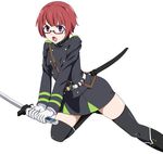  black_footwear boots endou_yayoi glasses gloves knee_boots military military_uniform open_mouth owari_no_seraph purple_eyes red_hair ribonzu simple_background solo sword teeth thighhighs uniform weapon white_background 