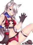  animal_ears blush breasts claws cleavage cleavage_cutout commentary_request fangs fur grey_eyes hand_up highres long_hair looking_at_viewer medium_breasts midriff muzzle navel neit_ni_sei open_mouth original pouch scar short_shorts shorts silver_hair sitting sleeveless smile solo sweatdrop tail thigh_strap vest white_background wolf_ears wolf_girl 