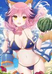  absurdres animal_ears bikini blue_bikini bracelet breasts cleavage eyebrows_visible_through_hair fate/extra fate/grand_order fate_(series) food fox_ears fruit heart highres holding holding_food innertube jewelry large_breasts long_hair looking_at_viewer navel pink_hair saikou-iro_aurora solo swimsuit tamamo_(fate)_(all) tamamo_no_mae_(fate) tamamo_no_mae_(swimsuit_lancer)_(fate) towel watermelon yellow_eyes 