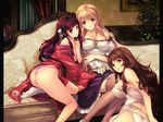  3_girls alice_soft ass blonde_hair breasts brown_eyes brown_hair butt_crack cleavage cleavage_cutout couch covered_navel erect_nipples garter_belt garters kamishiro_kotone kamishiro_ririko kamishiro_saya large_breasts min-naraken oyako_rankan panties pillow purple_eyes red_hair socks thighhighs underwear 