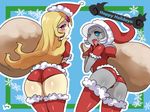  2015 alternate_species black_sclera blonde_hair blue_eyes blush butt cesselia christmas clothed clothing cresselia darkrai darkraifu duo fangs female grey_skin hair hair_over_eye hat hi_res holidays humanoid humanoidized legendary_pok&eacute;mon legwear lightsource looking_at_viewer looking_back mammal nintendo not_furry open_mouth pink_eyes pok&eacute;mon pok&eacute;morph sack santa_hat simple_background snowflake stockings thigh_highs tongue video_games white_hair 