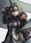  armor bad_id bad_pixiv_id blonde_hair breasts eyebrows_visible_through_hair fate/grand_order fate_(series) flag headpiece highres holding holding_flag jeanne_d'arc_(alter)_(fate) jeanne_d'arc_(fate)_(all) large_breasts looking_at_viewer parted_lips short_hair solo sugi87 white_hair yellow_eyes 