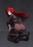  ass atatatamu back blush bodysuit boots breasts from_behind full_body highres kneeling large_breasts little_witch_academia long_hair looking_at_viewer looking_back pink_lips red_eyes red_hair shiny_chariot skin_tight smile solo 
