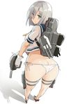  ass bad_id bad_perspective bad_pixiv_id bikini bikini_bottom blue_eyes breasts butt_crack closed_mouth foreshortening from_behind full_body gloves hair_ornament hair_over_one_eye hairclip hamakaze_(kantai_collection) high_heels kantai_collection kekemotsu looking_back medium_breasts sailor_collar sailor_shirt shirt short_hair side-tie_bikini silver_hair simple_background solo standing swimsuit thigh_strap white_background white_bikini_bottom white_gloves 