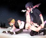  2boys anal black_hair blonde_hair blush bottomless cum cum_in_ass cum_while_penetrated cumdrip erection evil_grin final_fantasy final_fantasy_xv leg_lift lifting male_focus multiple_boys noctis_lucis_caelum orgasm outdoors penis prompto_argentum rape s_musou1 sex snow tears testicles thrusting yaoi 