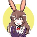  animal_ears brown_hair bunny_ears closed_eyes hands_clasped happy iesupa own_hands_together rwby school_uniform smile velvet_scarlatina 