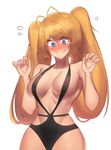  blonde_hair blue_eyes blush breasts cleavage embarrassed highres hood_(james_x) large_breasts looking_away looking_down navel original simple_background smile solo sweatdrop tearing_up twintails upper_body white_background 
