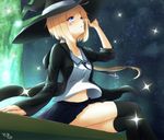  black_hat black_legwear black_skirt blonde_hair blue_eyes crossed_legs eyebrows_visible_through_hair hat highres long_hair looking_away navel phantasy_star phantasy_star_online_2 ponytail signature skirt solo thighhighs toki_(toki_ship8) witch_hat 