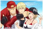  2boys alice_(fatal_fury) alice_garnet_nakata backwards_hat blonde_hair bra closed_eyes commentary_request dated fatal_fury father_and_son fingerless_gloves gloves happy_birthday hat jacket multiple_boys one_eye_closed open_mouth protected_link rock_howard satowo smile snk terry_bogard the_king_of_fighters the_king_of_fighters_xiv underwear upper_body v 