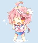  blue_background blue_swimsuit chibi full_body hair_ornament i-58_(kantai_collection) kantai_collection kouu_hiyoyo neckerchief one_eye_closed open_mouth pink_hair pink_neckwear red_eyes sailor_collar sailor_shirt school_swimsuit school_uniform serafuku shirt short_hair short_hair_with_long_locks simple_background solo standing swimsuit swimsuit_under_clothes thumbs_up 