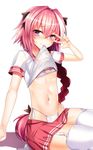  astolfo_(fate) blush bra braid fang fate/apocrypha fate/grand_order fate_(series) hair_ribbon heart heart-shaped_pupils highres long_hair looking_at_viewer male_focus navel otoko_no_ko panties pink_hair purple_eyes ribbon school_uniform silly_(marinkomoe) single_braid smile solo stomach symbol-shaped_pupils thighhighs underwear undressing v 