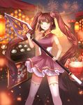  absurdres bad_id bad_pixiv_id breasts brown_hair bun_cover china_dress chinese_clothes dress eyebrows_visible_through_hair fireworks green_eyes highres holding holding_spear holding_weapon large_breasts long_hair looking_at_viewer nani_(goodrich) original parted_lips polearm skewer spear thighhighs twintails weapon white_legwear 
