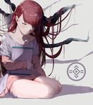  absurdres bare_legs bow brown_hair closed_eyes crying eyebrows_visible_through_hair hair_bow hair_ribbon hews_hack highres holding legs_together logo long_hair paid_reward parted_lips patreon_reward pink_shirt ribbon rin_(shelter) shelter_(music_video) shirt sitting solo tablet_pc tears very_long_hair yokozuwari 