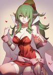  absurdres bare_shoulders blush bracelet breasts cape chiki choker cleavage dress fire_emblem fire_emblem:_kakusei fire_emblem:_monshou_no_nazo garter_straps gloves green_eyes green_hair hair_ornament hair_over_one_eye hair_ribbon highres jewelry large_breasts long_hair looking_at_viewer mamkute older paid_reward parted_lips patreon_reward pink_legwear pointy_ears ponytail red_dress ribbon short_dress side_slit sidelocks smile solo songjikyo sparkle strapless strapless_dress thighhighs 