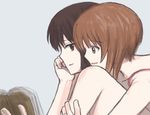  book brown_eyes brown_hair chin_rest commentary_request girls_und_panzer grey_background hand_on_own_chin hug hug_from_behind multiple_girls mutsu_(layergreen) nishizumi_maho nishizumi_miho short_hair sketch smile yuri 