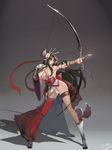  aiming armpits arrow asymmetrical_clothes bare_shoulders black_hair bow_(weapon) breasts cleavage commentary detached_sleeves drawing_bow elf fox_mask full_body gloves hachimaki headband highleg highleg_panties highres holding holding_arrow holding_bow_(weapon) holding_weapon japanese_clothes kimono large_breasts long_hair looking_away mask mask_on_head nontraditional_miko obi original panties parted_lips partly_fingerless_gloves pointy_ears ponytail sash short_kimono single_pantsleg single_sleeve smjim1986 solo standing tabi thigh_strap underwear vambraces very_long_hair weapon white_legwear white_panties wide_sleeves yellow_eyes yugake 