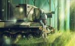  black_hair bt-42 caterpillar_tracks forest girls_und_panzer grass ground_vehicle instrument jinguu_(4839ms) kantele keizoku_school_uniform mika_(girls_und_panzer) military military_vehicle motor_vehicle nature tank 