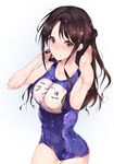  adjusting_hair armpits arms_behind_head ass_visible_through_thighs bad_id bad_pixiv_id bare_arms blush breasts brown_eyes brown_hair collarbone covered_navel cowboy_shot half_updo hand_up hands_in_hair hplay idolmaster idolmaster_cinderella_girls long_hair looking_at_viewer medium_breasts nose_blush school_swimsuit shimamura_uzuki sideboob simple_background solo swimsuit wet wet_clothes white_background 