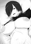  areolae bouncing_breasts breasts breath greyscale hair_over_one_eye heavy_breathing highres implied_sex large_areolae large_breasts long_hair lying monochrome nao_(ritsancrossover) navel nipples on_back original pai-chan_(nao) solo 