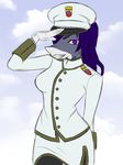  2017 anthro breasts captain clothed clothing digital_media_(artwork) female fierywitherrose fish hair hat hi_res long_hair looking_at_viewer magnesium_toast marine military navy non-mammal_breasts nova_whitesail open_mouth salute shark simple_background smile solo standing teeth uniform 