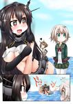  /\/\/\ 3girls :d bow bowtie brown_hair burnt_clothes cannon commentary covering covering_breasts elbow_gloves explosion gloves green_eyes headgear kantai_collection long_hair machinery multiple_girls mutsu_(kantai_collection) nagato_(kantai_collection) ocean open_mouth ouno_(nounai_disintegration) pantyhose pleated_skirt red_eyes remodel_(kantai_collection) school_uniform serafuku shimushu_(kantai_collection) short_hair silver_hair skirt smile sparkle standing standing_on_liquid tearing_up tears thighhighs torn_clothes turret white_legwear 