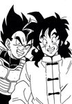  armor chinese_clothes dragon_ball dragon_ball_z facial_scar greyscale grin highres ink_(medium) lee_(dragon_garou) male_focus monochrome multiple_boys nib_pen_(medium) scar scar_on_cheek self_shot smile traditional_media vegeta widow's_peak yamcha 